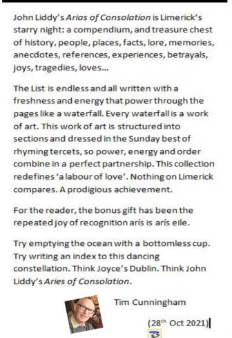 Fellow Limerick poet Tim Cunningham on John Liddy’s recent publication Arias of Consolation.